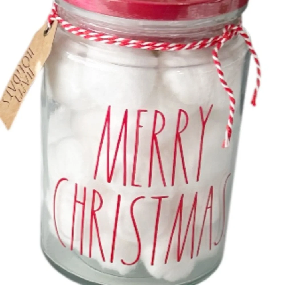 NEW Rae Dunn MERRY CHRISTMAS Cotton Balls Glass Jar w/Lid